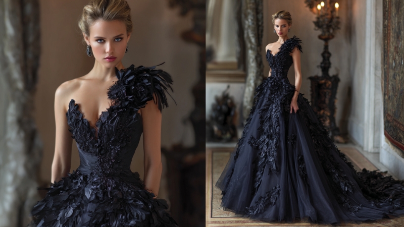 A bride in an elegant black feathered gown stands in a grand hall