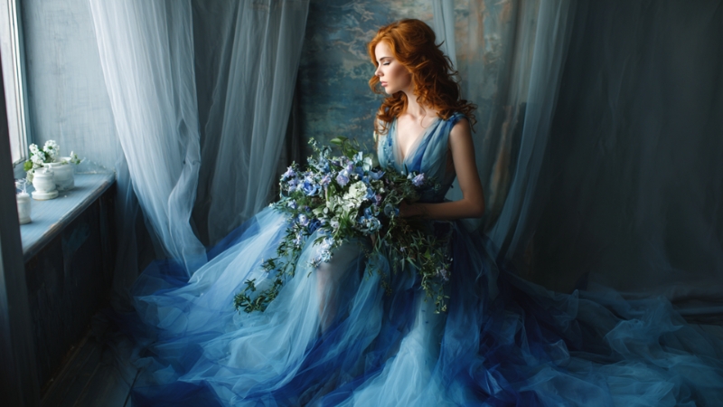 A bride in a blue wedding dress sits by the window holding a bouquet of blue flowers