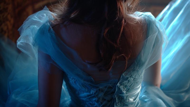 A close-up of a bride wearing a blue wedding dress