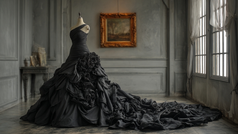 A black wedding dress displayed in an elegant vintage room