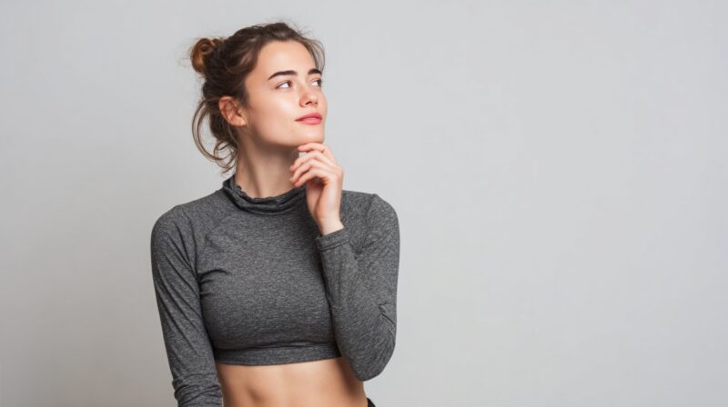Woman in athletic wear looking thoughtfully to the side against a plain background