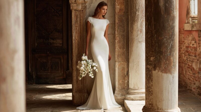 Bride wearing a fitted crepe wedding dress while standing between stone columns holding a bouquet